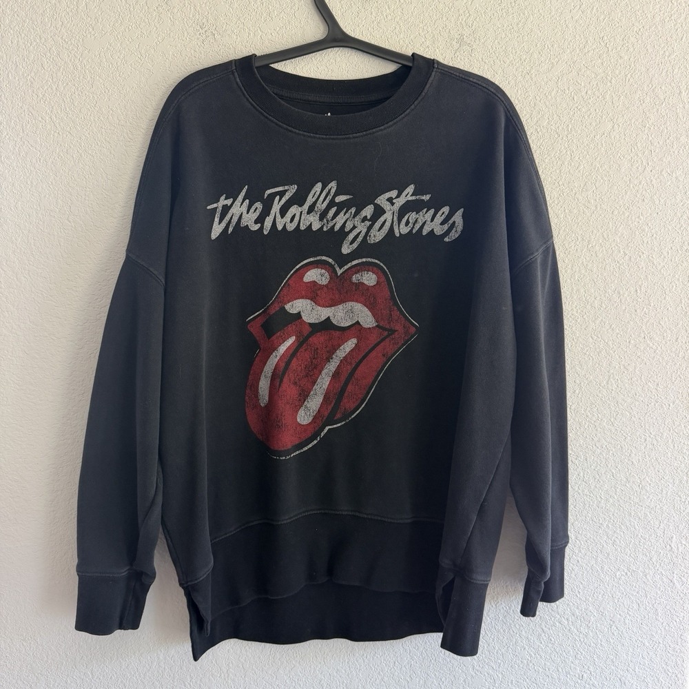 The Rolling Stones Graphic Print Sweater Womens Sz S Charcoal Black Sweatshirt